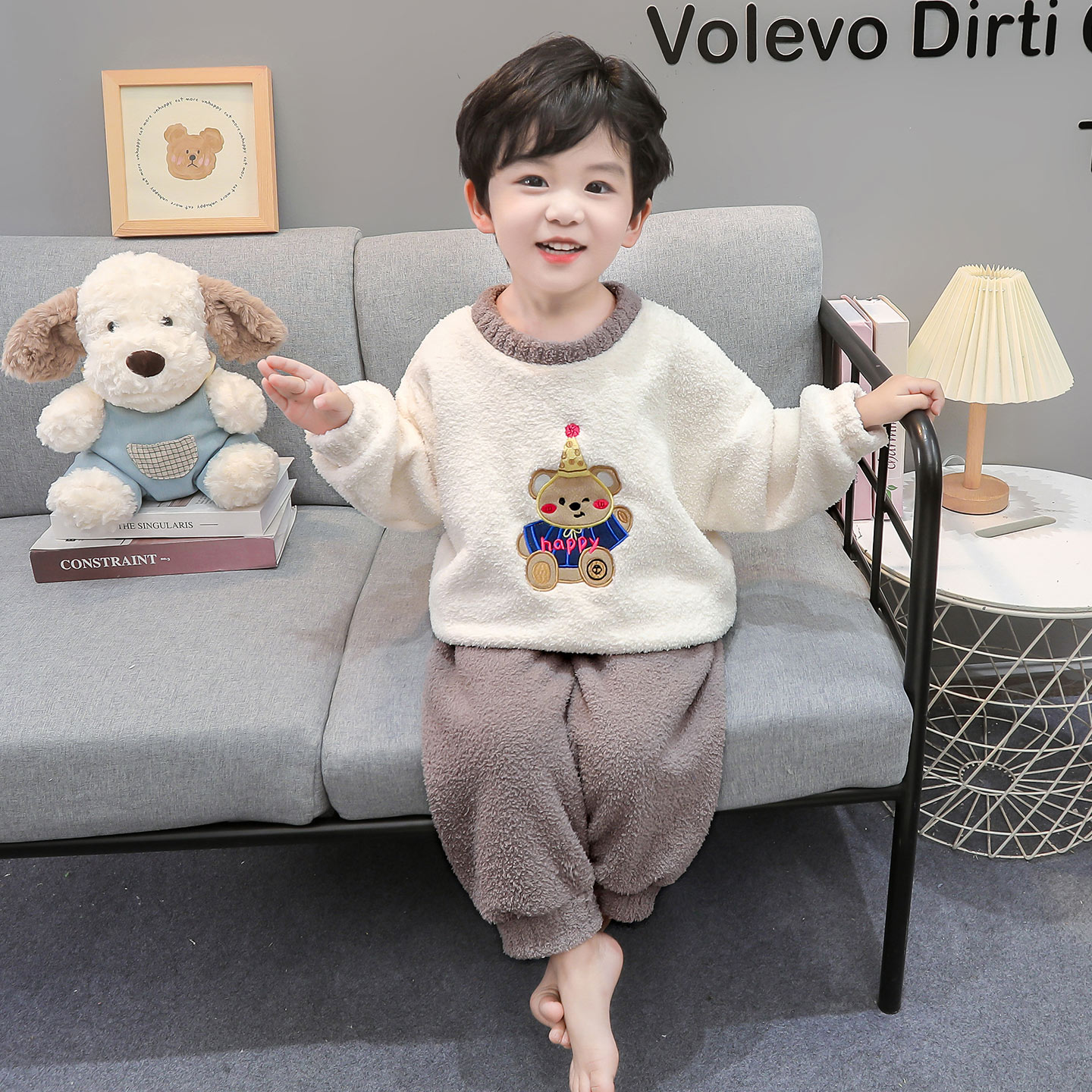 男童半边绒睡衣冬季保暖套装男孩卡通套头加厚衣服宝宝小熊睡衣冬