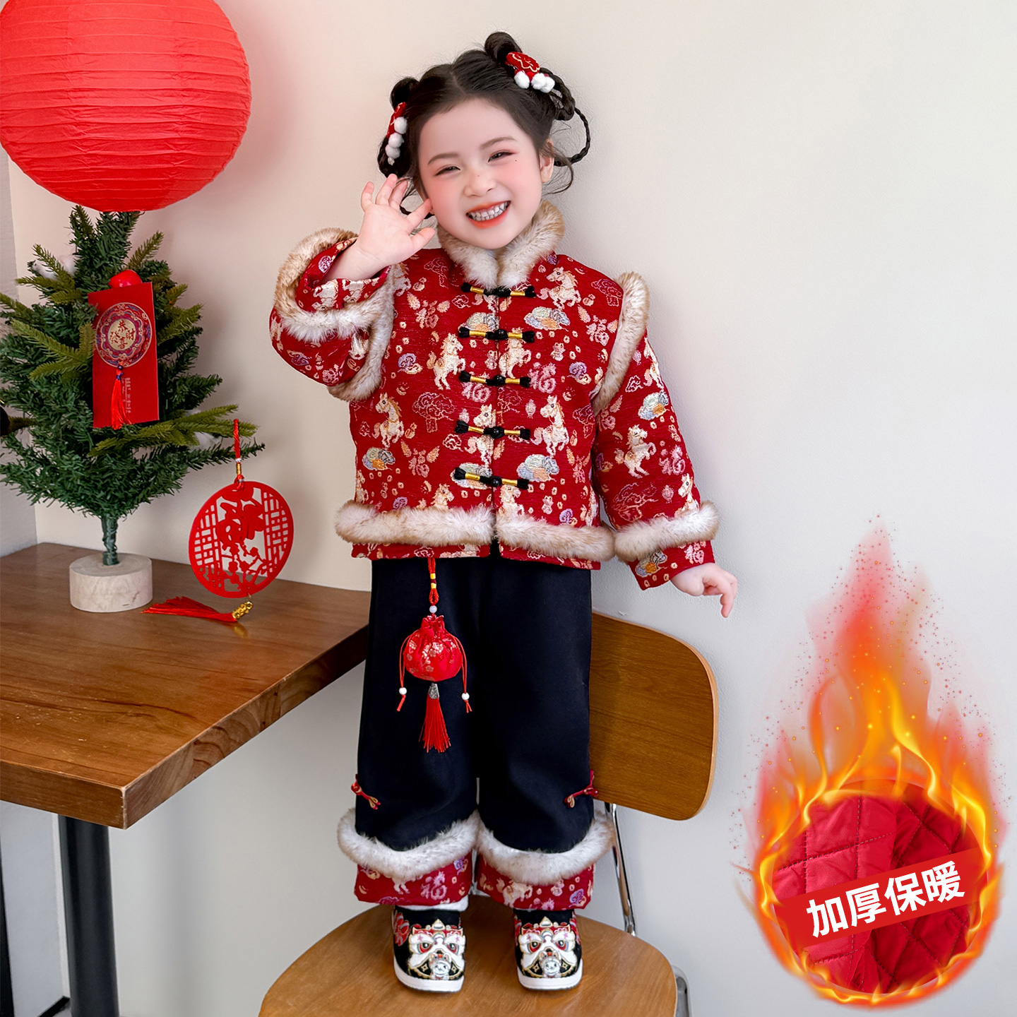 女童喜庆拜年服冬季加厚保暖2025新款女孩中国风汉服套装宝宝衣服