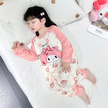 女童莫代尔连体睡衣春秋薄款儿童卡通防踢家居服女宝宝保暖空调服