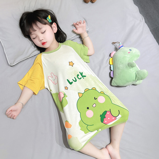 防踢睡衣护肚家居服女宝宝空调服 儿童短袖 女童莫代尔睡裙夏季 薄款