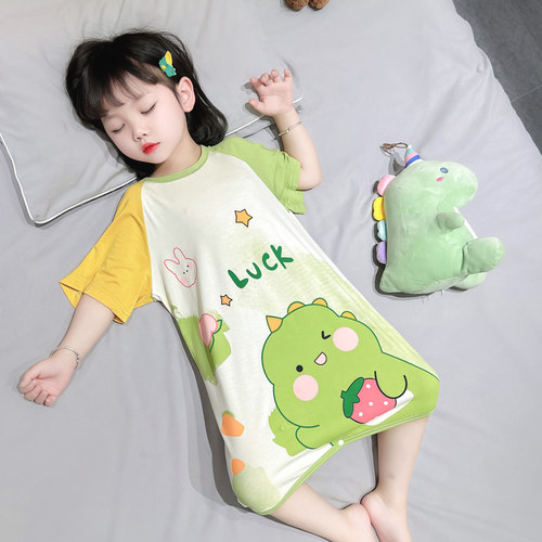女童莫代尔睡裙夏季薄款儿童短袖防踢睡衣护肚家居服女宝宝空调服