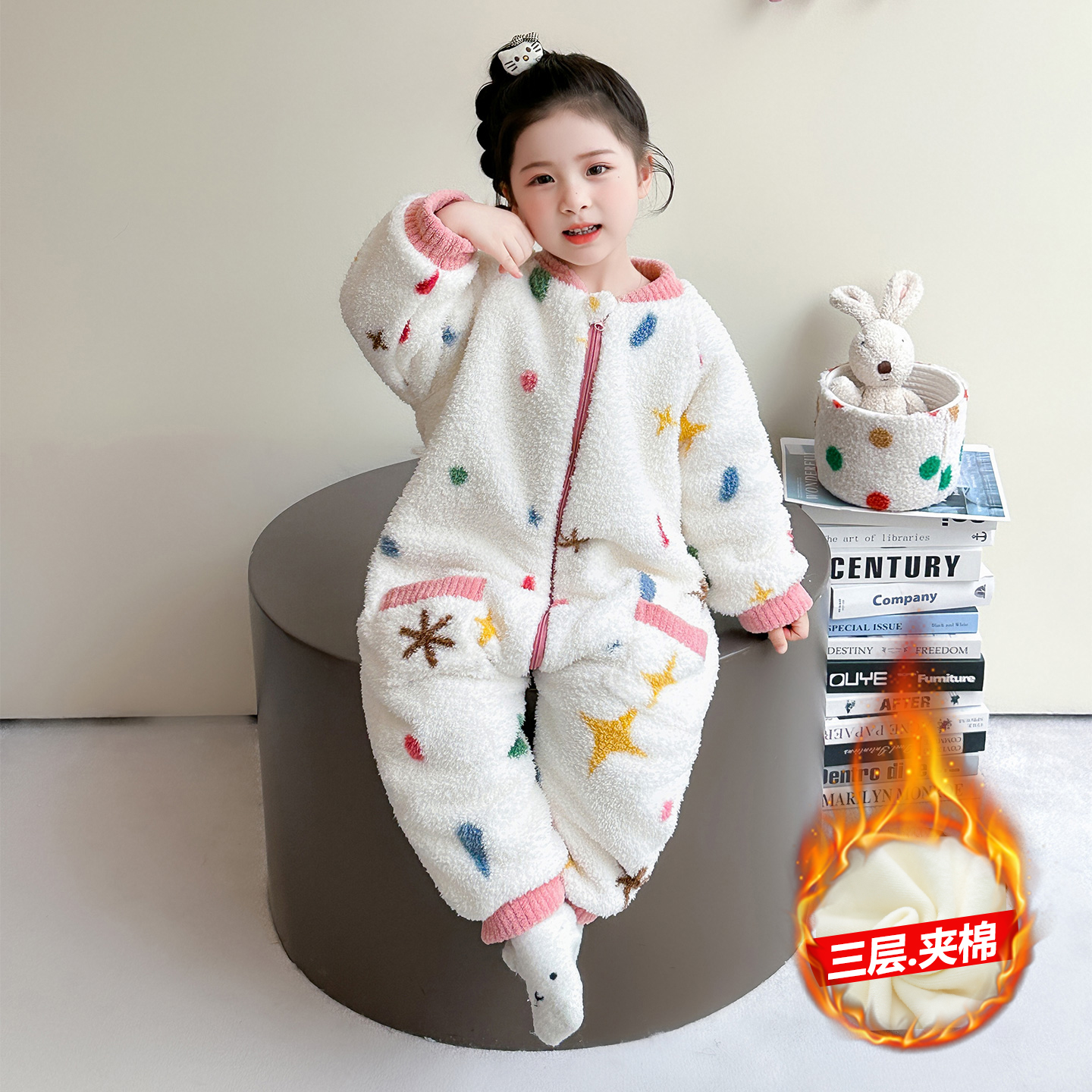 儿童珊瑚绒连体睡衣冬季女童加厚夹棉保暖家居服防踢睡袋宝宝爬服