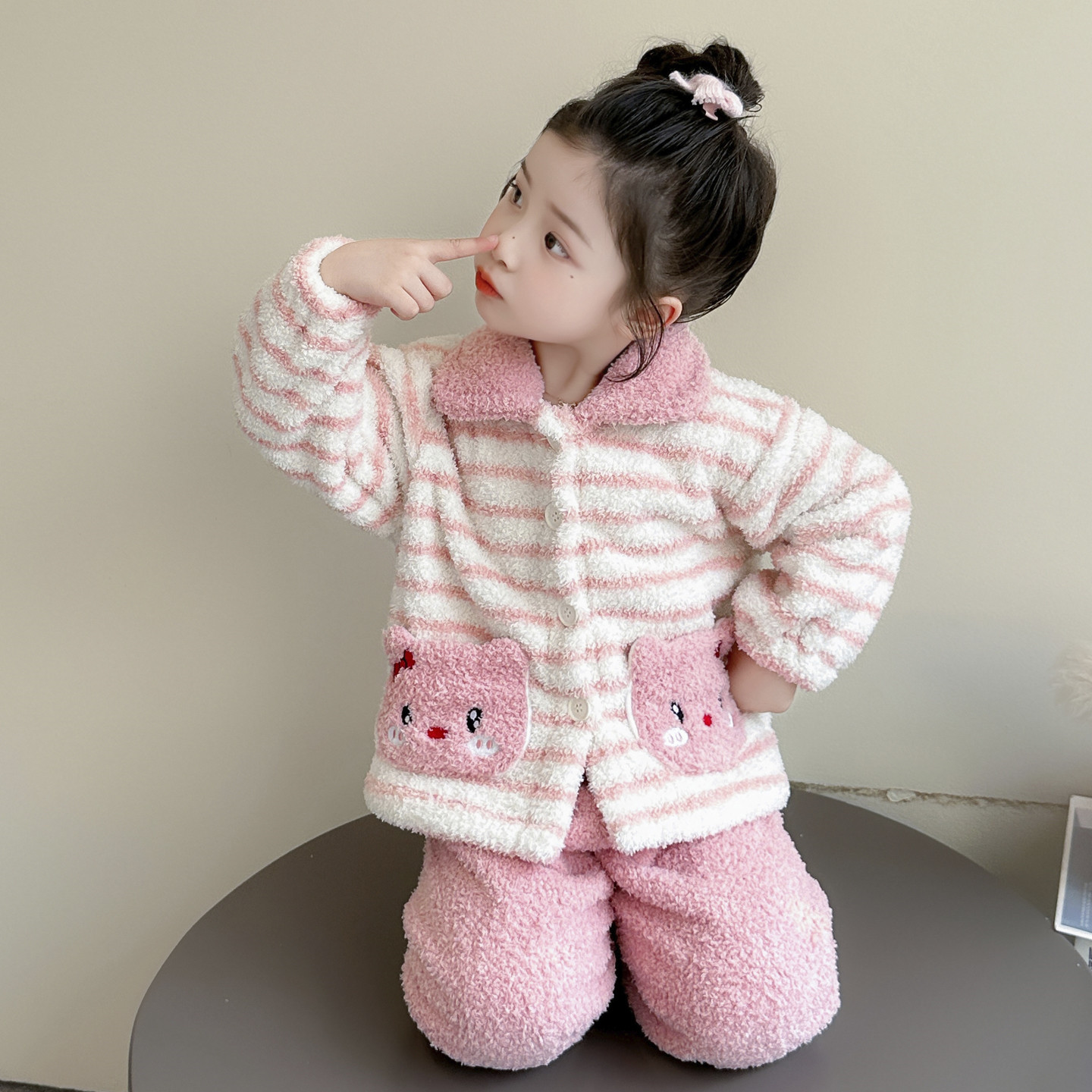 女童睡衣冬季珊瑚绒女孩公主卡通家居服开衫套装女宝宝猫咪睡衣冬