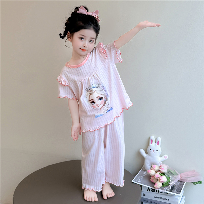 女童睡衣夏季纯棉女孩公主印花家居服套装薄款儿童宝宝空调服夏装