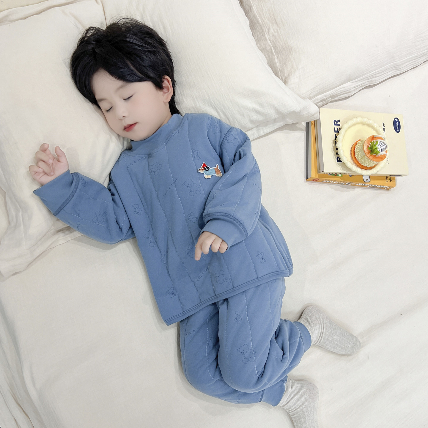 男童睡衣冬季宝宝三层夹棉保暖家居服儿童小学生校服神器棉服套装