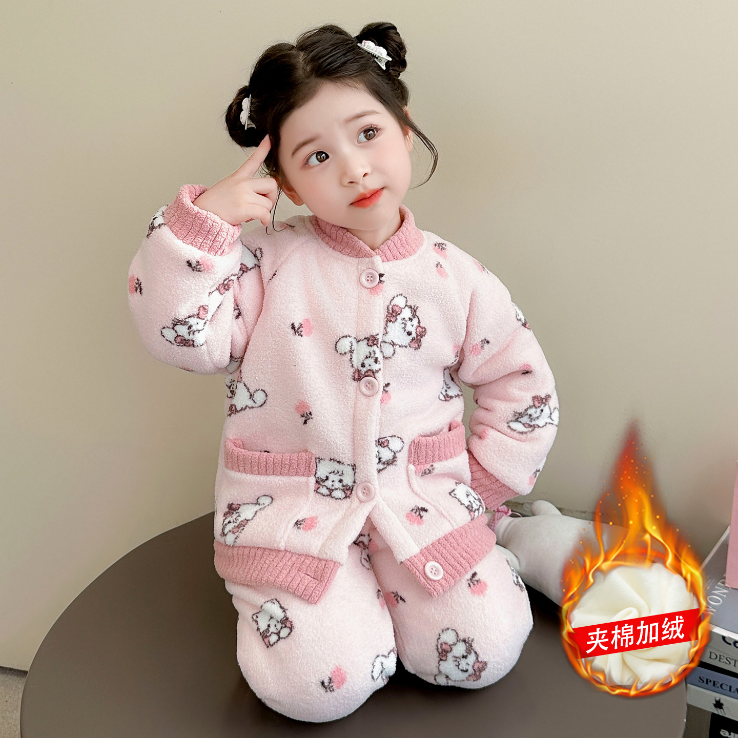 女童睡衣冬季加厚小女孩公主家居服保暖套装女宝宝三层夹棉衣服冬