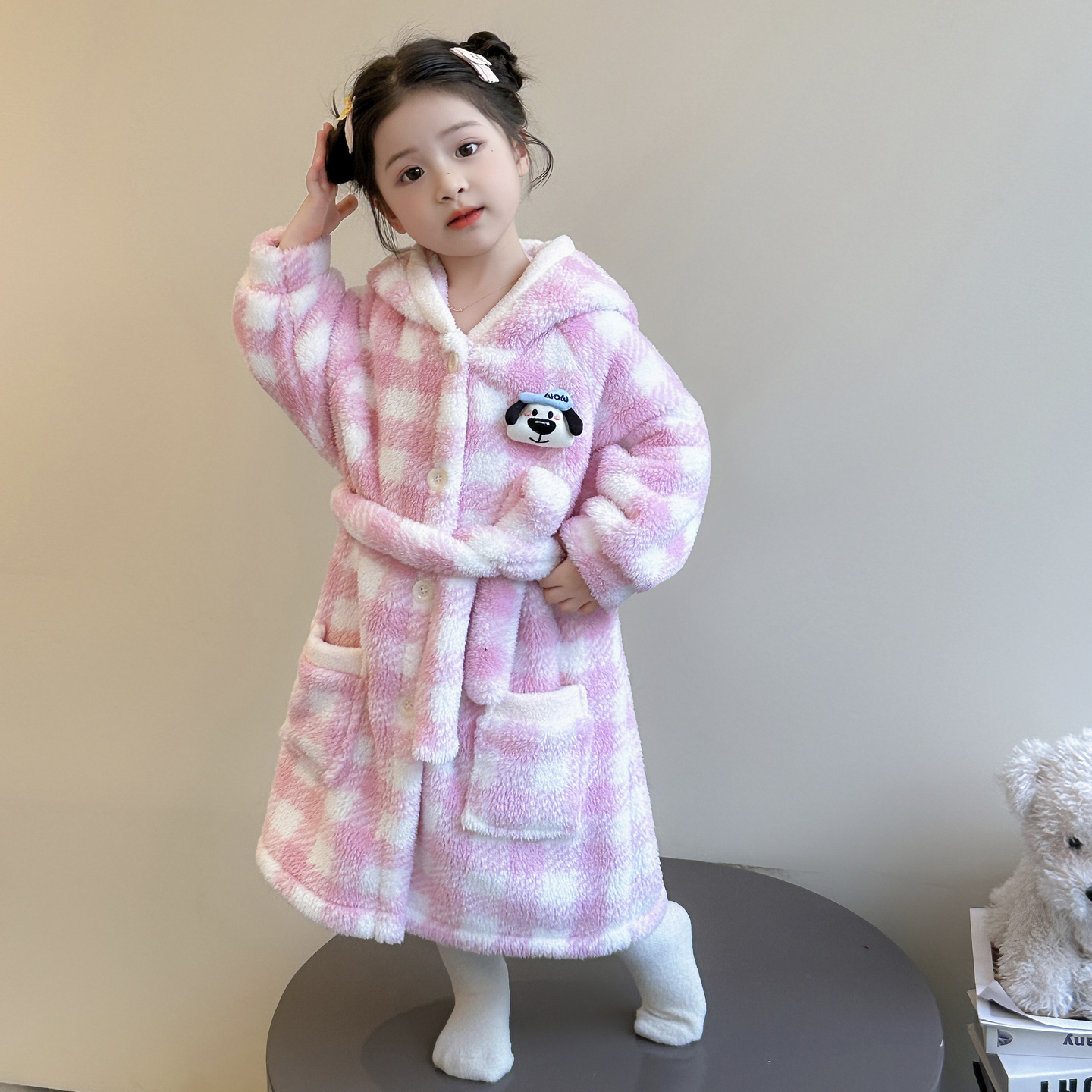 女童珊瑚绒睡袍保暖睡衣小女孩格子公主家居服女宝宝冬季加厚浴袍