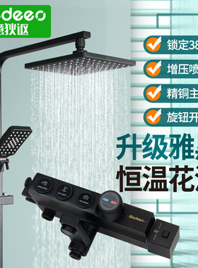 意狄讴恒温花洒套装黑色淋浴喷头卫浴喷枪全铜主体升降方形Y86