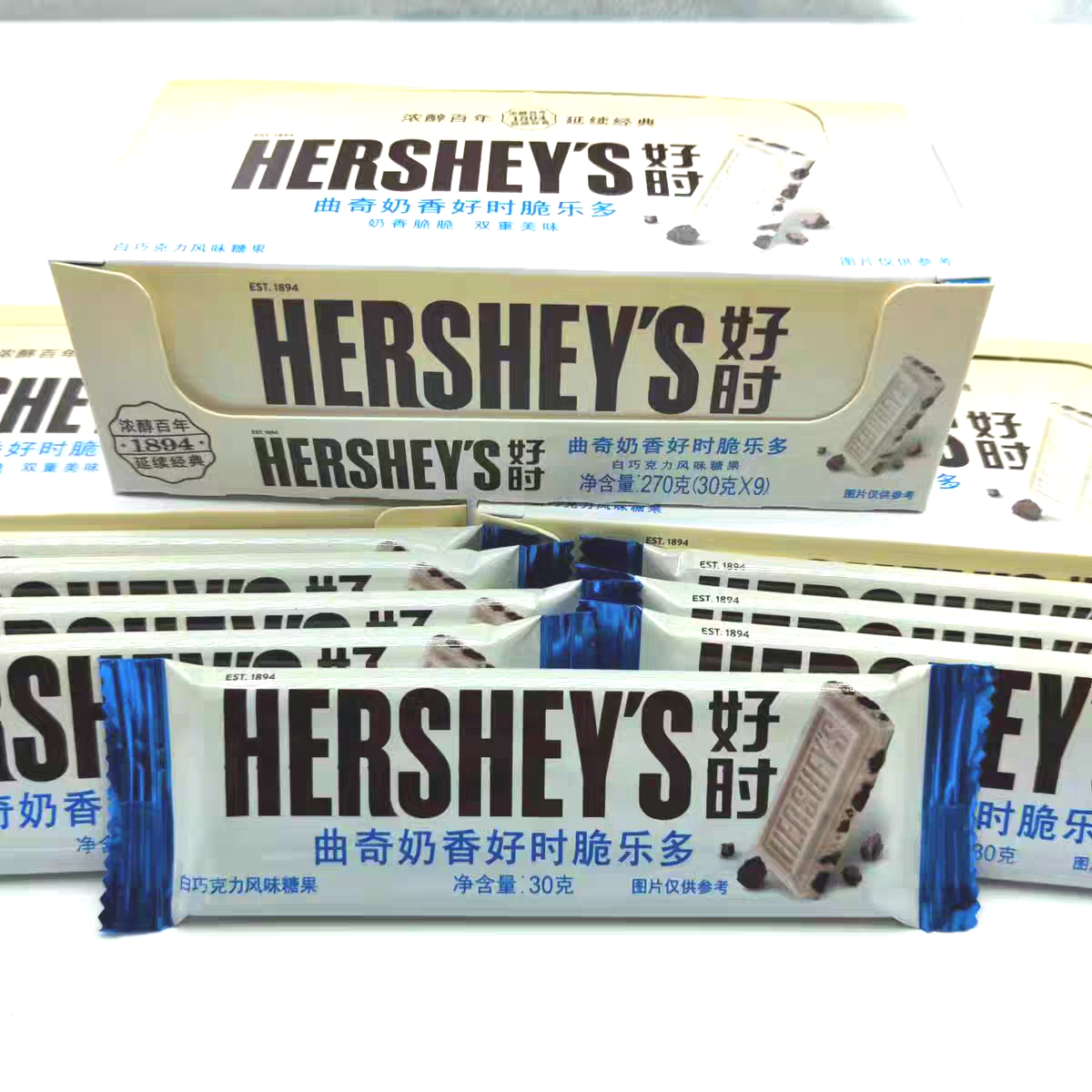 好时牛奶白巧克力30g*9包整盒曲奇奶香脆乐多排块追剧小零食糖果