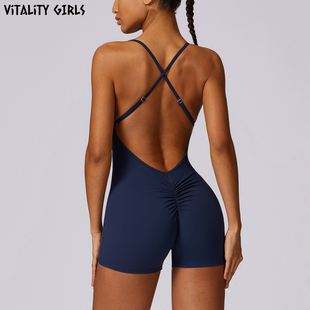 Vitality Girls速干瑜伽服紧身连体衣带胸垫露美背蜜桃臀健身服女