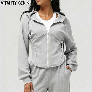 Vitality Girls运动连帽外套女短款修身鱼骨收腰春秋户外健身上衣