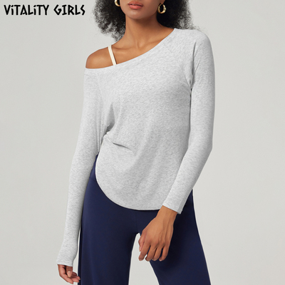 VitalityGirls露肩瑜伽薄T恤女长袖罗纹宽松显瘦速干运动健身上衣