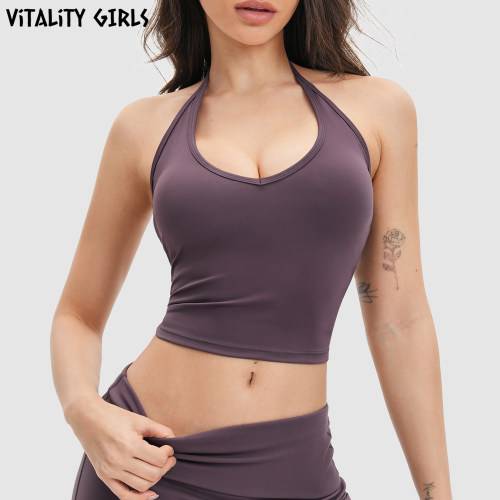 Vitality Girls挂脖瑜伽健身背心女带胸垫速干修身显瘦美背漏肚脐