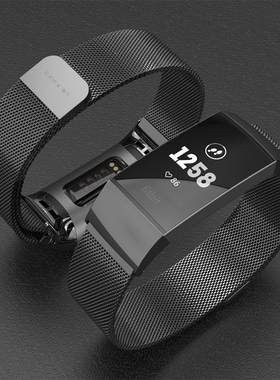 适用fitbit charge3 表带fitbit表带charge4/fitbit charge4 表带磁吸米兰尼斯不锈钢金属替换带透气硅胶腕带