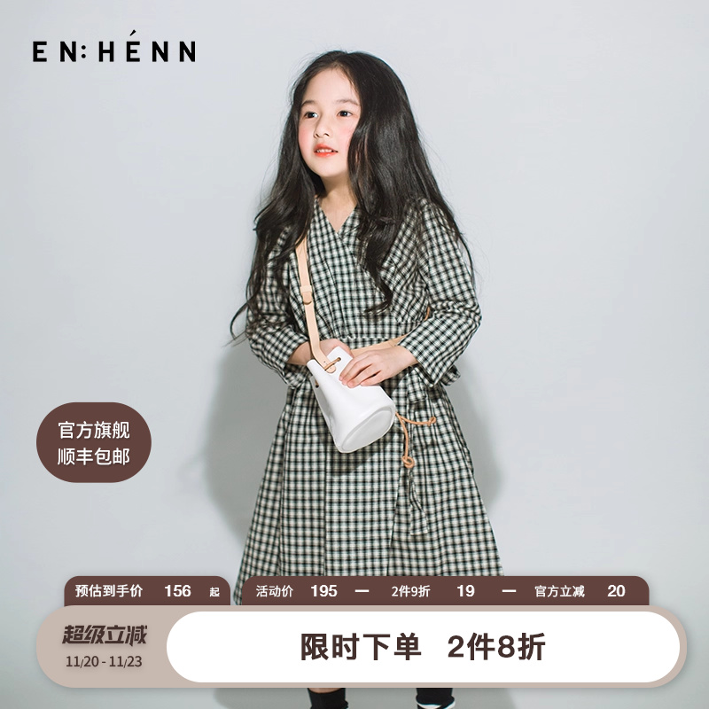 enhenn童装女童黑白格子连衣裙新款春秋长袖儿童公主裙宝宝裙子