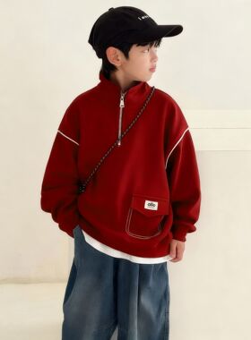 男童秋冬季新款红色加绒卫衣男宝潮酷加厚立领上衣男孩新年拜年服