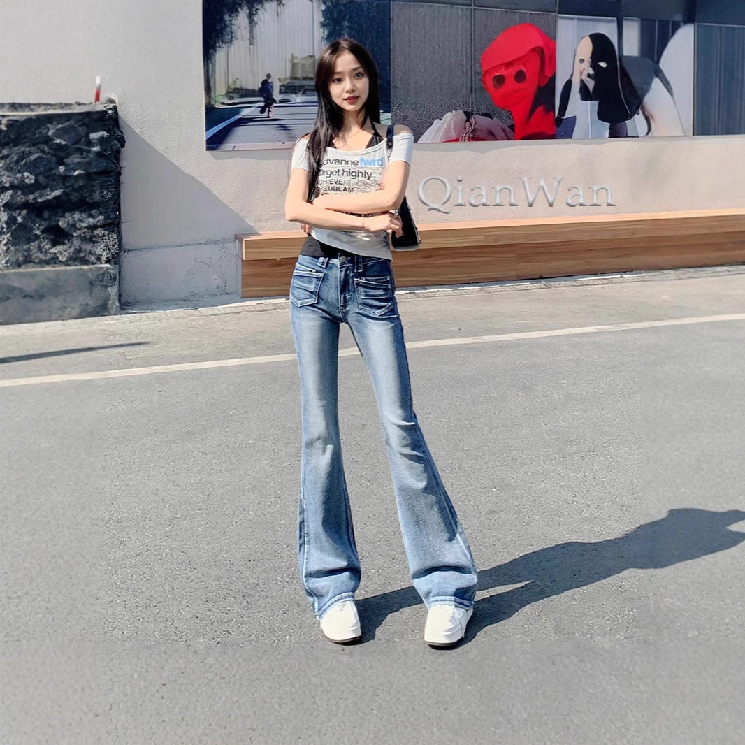 复古蓝微喇牛仔裤女2026夏季新款低腰修身显瘦弹力小个子马蹄裤子