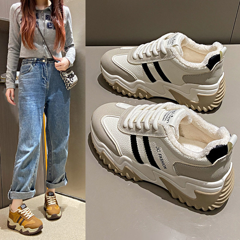 JC8821-1新款2024秋季厚底板鞋女鞋加绒学生休闲拼接增高运动鞋