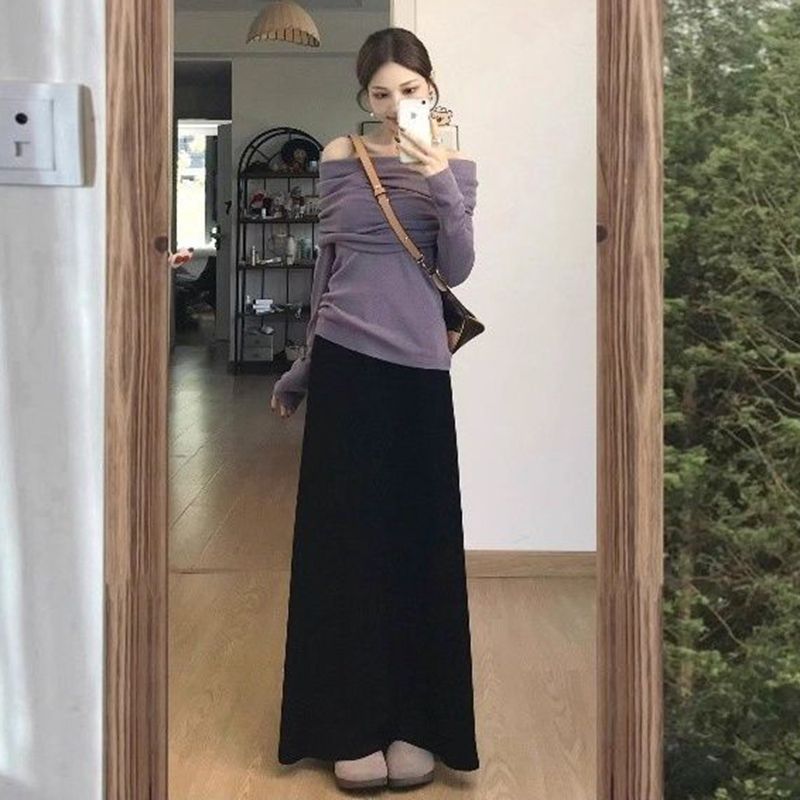 法式一字肩紫色长袖针织衫女早秋韩系氛围感穿搭修身露肩毛衣上衣