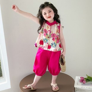 女小童无袖碎花七分裤套装夏季洋派时髦女宝宝甜美夏装薄款两件套