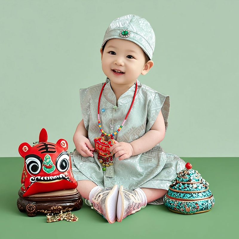 周歲禮服女寶新中式唐裝男寶寶背心抓周服嬰兒生日平時(shí)可穿漢服夏