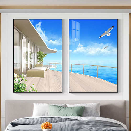 卧室床头装饰画现代简约温馨宾馆房间背景画轻奢壁画两联主卧挂画
