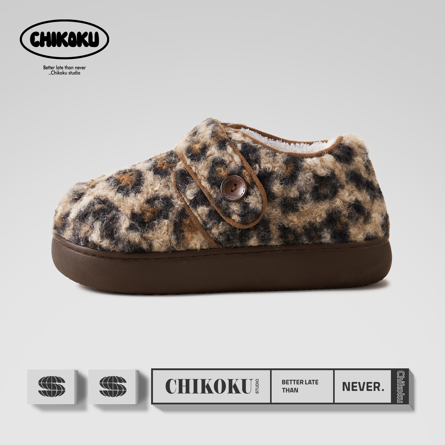 chikoku加绒小豹纹勃肯鞋女款秋冬季时尚玛丽珍棉鞋舒适厚底保暖