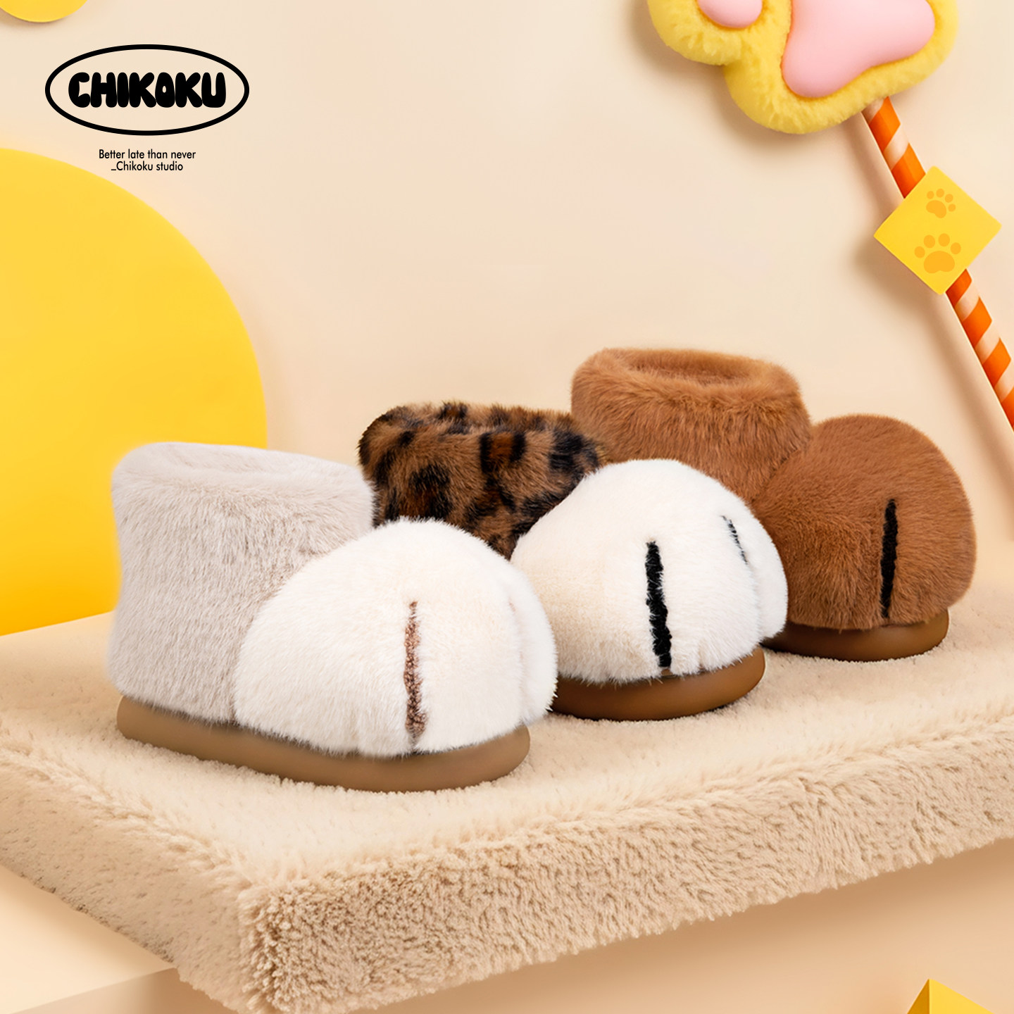 chikoku雪球大猫爪儿童棉靴女冬居家加绒中大童外穿亲子棉拖鞋男