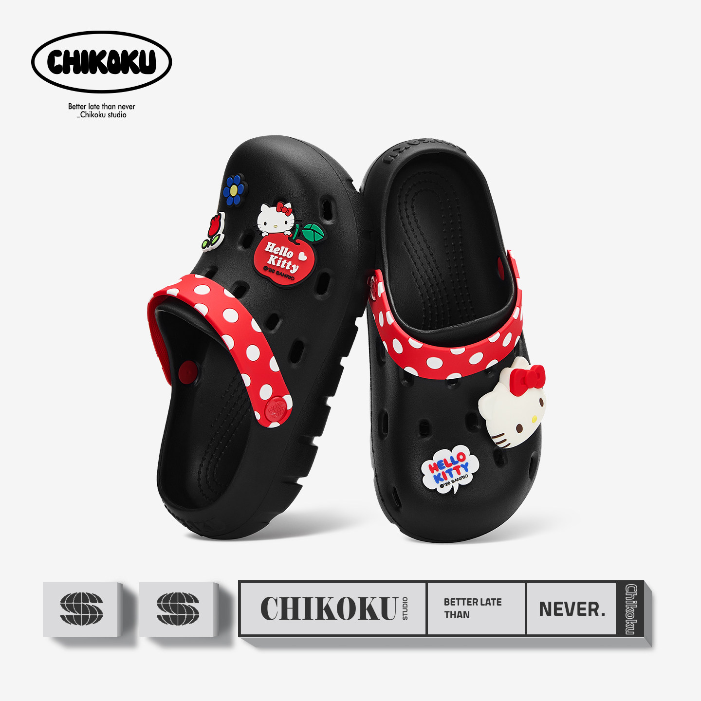 chikoku奶泡Hello Kitty洞洞鞋女夏季外穿透气厚底情侣沙滩拖鞋男