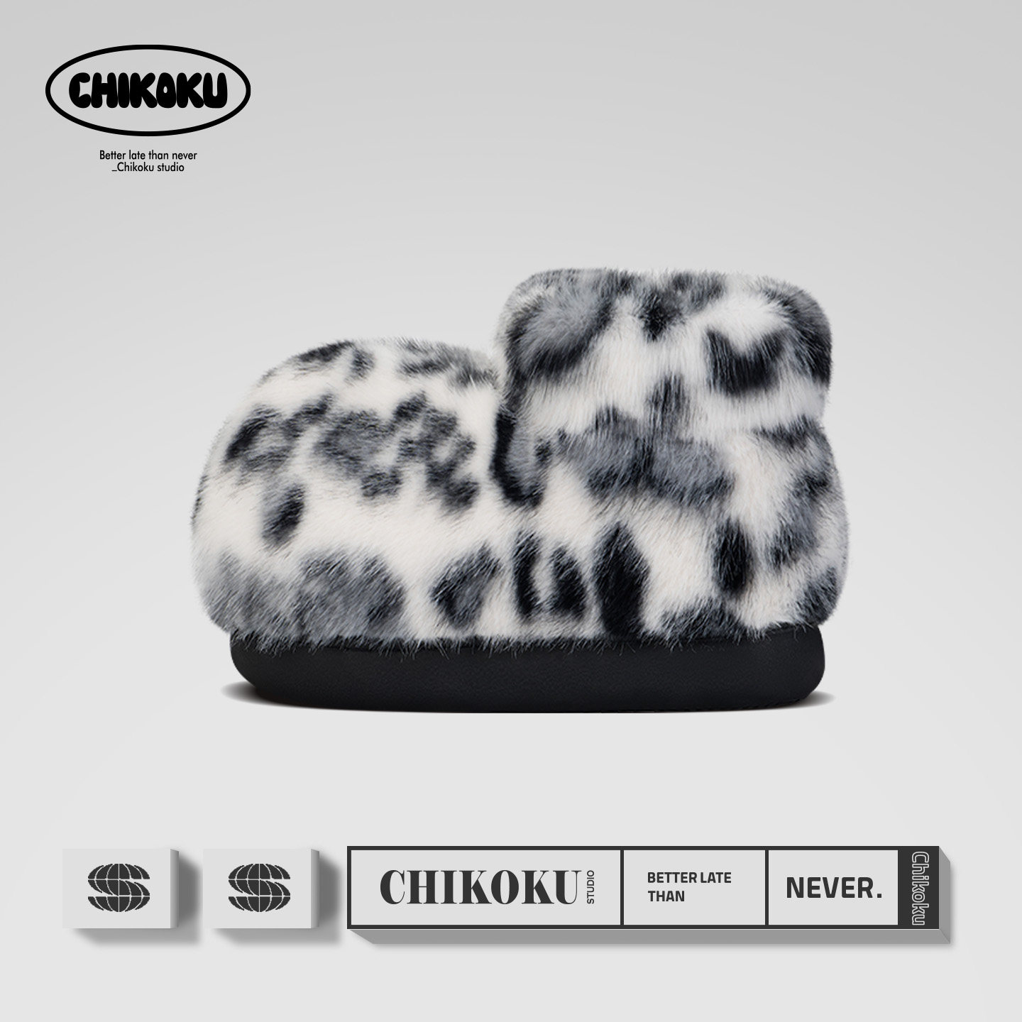 chikoku豹富毛毛短靴女豹纹冬季雪地靴情侣居家外穿厚底棉拖鞋男