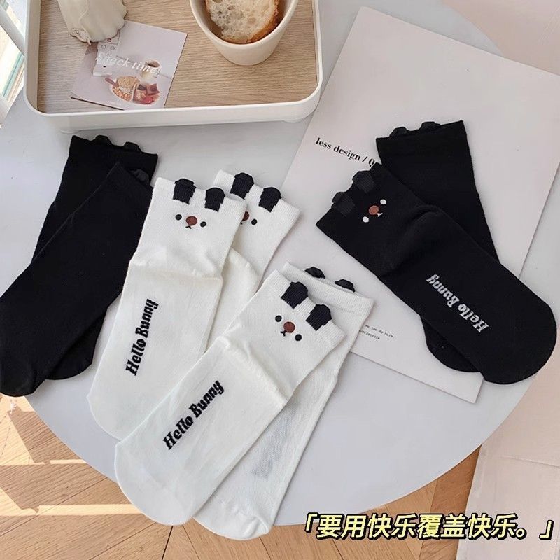 立耳小熊可爱甜心袜子搞怪黑白情侣款卡通萌趣ins少女心短袜