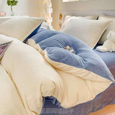 床单双面绒四件套床上被套冬季新款珊瑚牛奶加绒.床品4纯色绒加厚