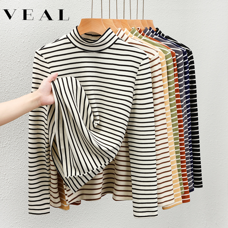 条纹半高立领磨毛德绒打底衫女