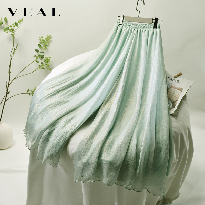 2021夏季新品珠光阔腿裤女文艺高腰垂感半身裙裤松紧腰双层雪纺薄