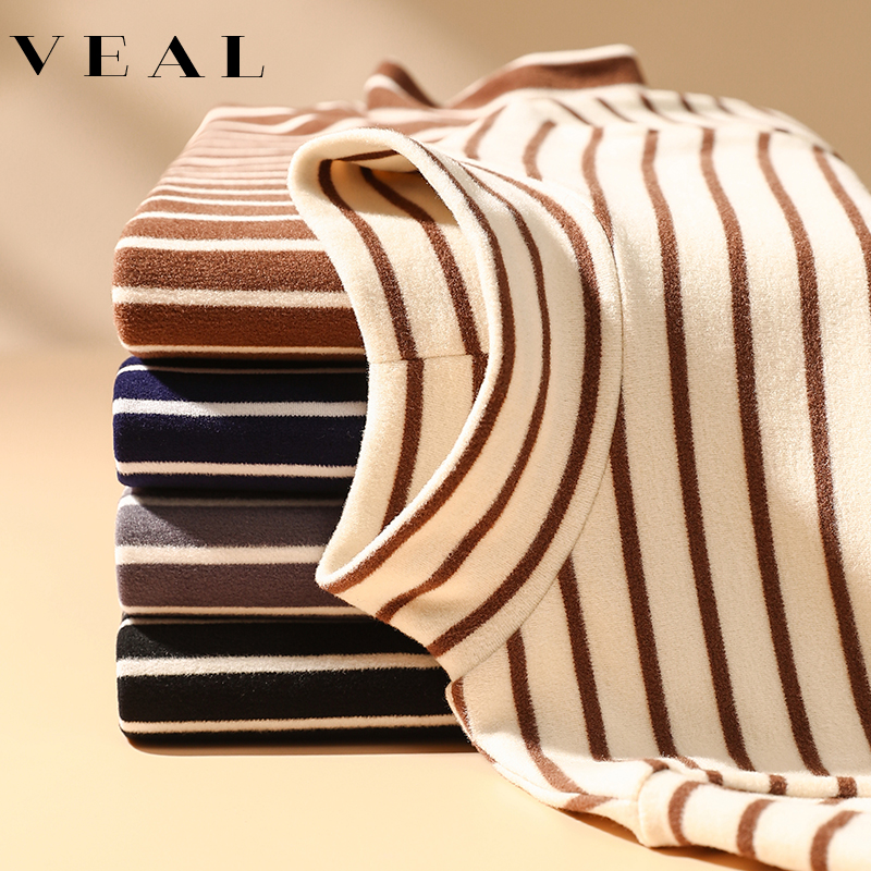 德绒打底衫女秋冬新款立领条纹