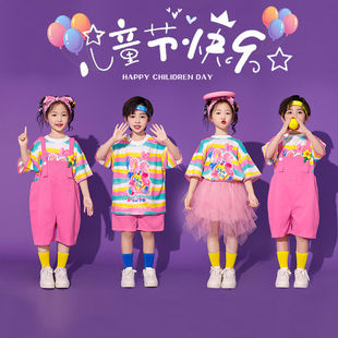 可爱粉色儿童表演服男童连体背带裤演出服女童蓬蓬纱裙短袖合唱服