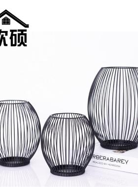 amz黑色灯笼烛台 复古铁艺金属蜡烛摆件 家居店铺陈设装饰品