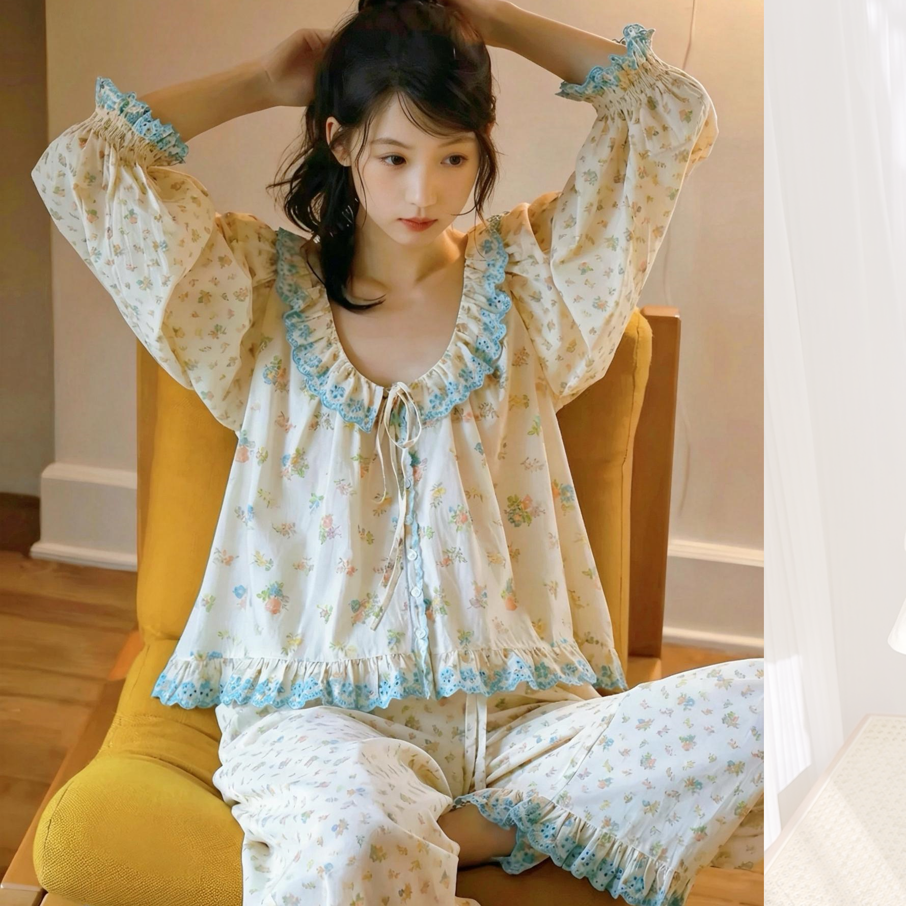 碎花刺绣长袖睡衣韩系清新春秋季宫廷风花边纯棉家居服套装