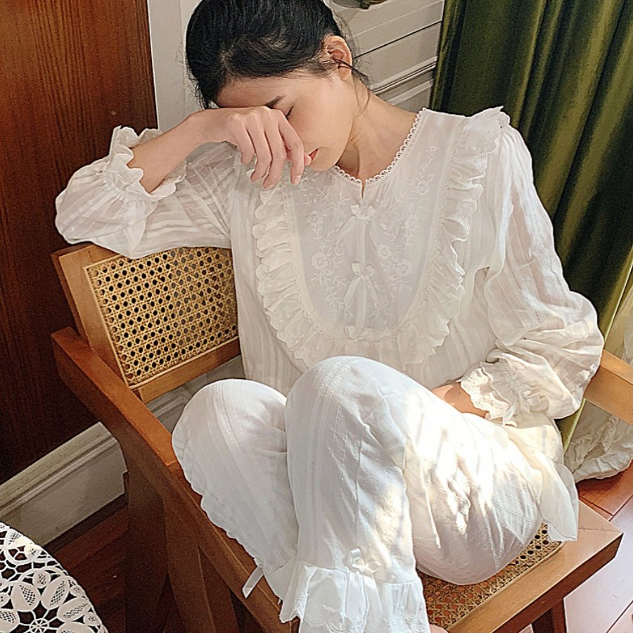 韩版睡衣女秋冬纯棉长袖女蕾丝公主宫廷仙女睡衣可爱家居服女长袖