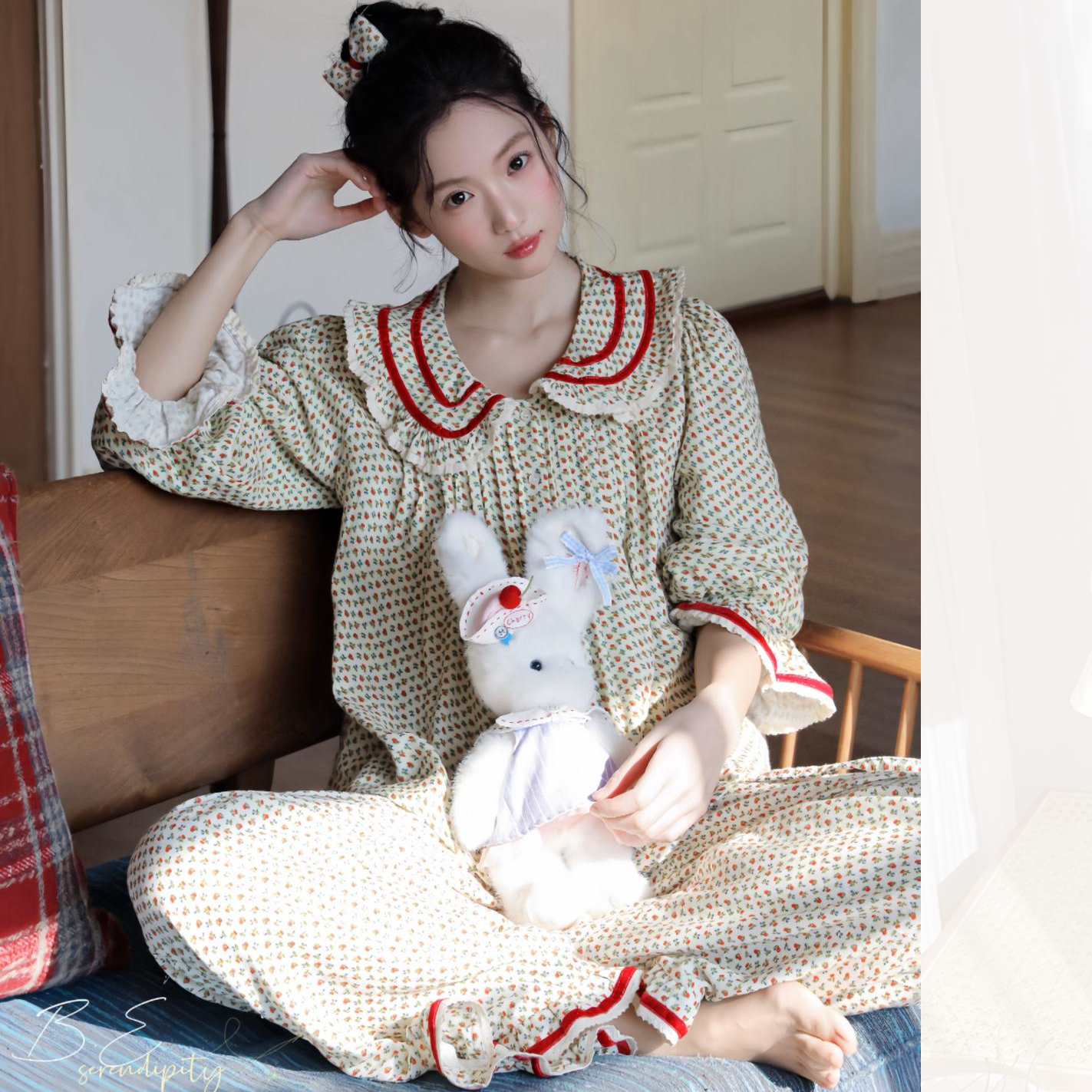 韩国小碎花森系纯棉甜美睡衣女春秋款套装全棉宫廷风家居服可外穿
