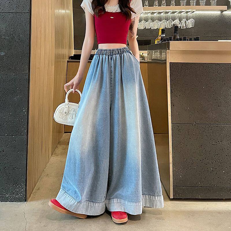 大码复古直筒牛仔裤女夏季新款梧桐裤胖mm松紧腰显瘦宽松阔腿裙裤