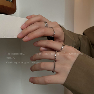 素圈叠戴戒指组合女轻奢小众设计高级感韩系指环装饰可调节食指戒
