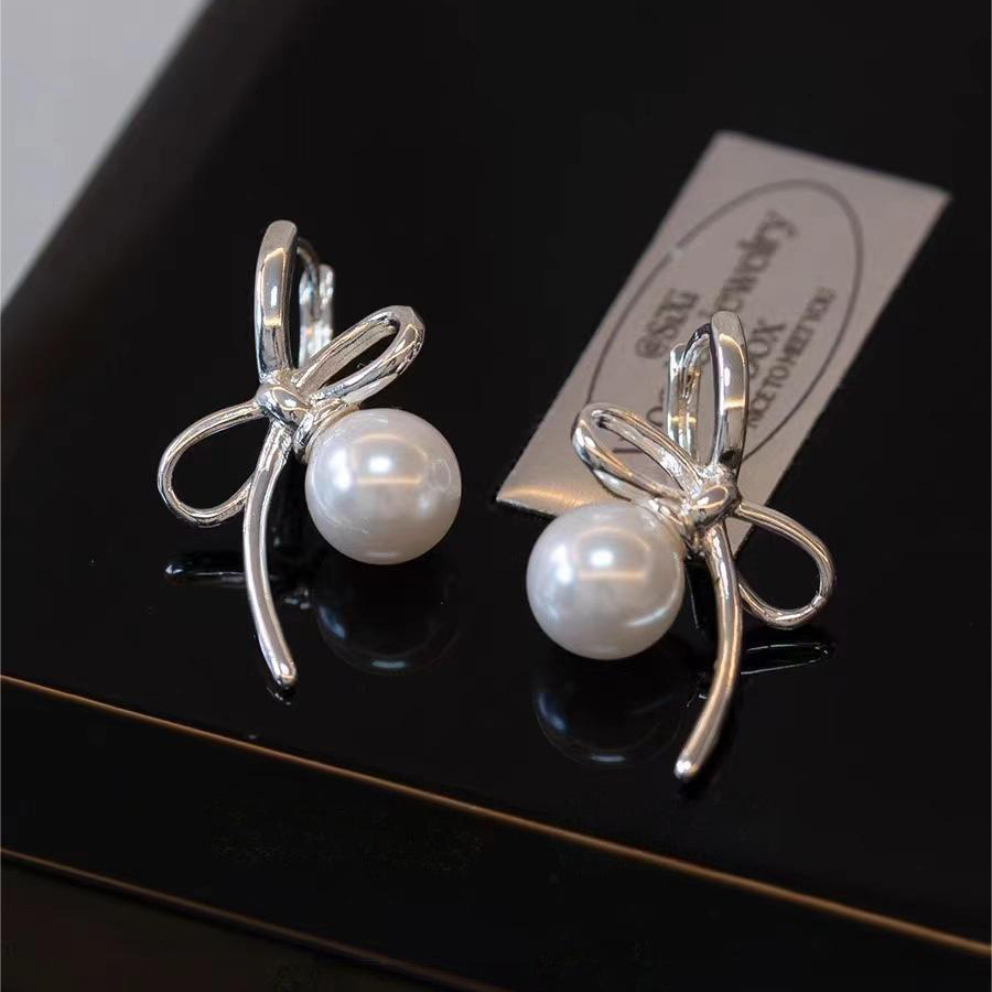 S925纯银珍珠蝴蝶结耳扣轻奢ins气质百搭韩版甜美名媛风耳环女