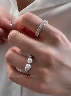中古风麻花珍珠满钻锆石开口戒指女叠戴组合食指戒小众设计指环