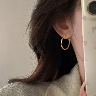 爆款 简约冷淡风金色耳环女纯银轻奢小众设计耳饰2025新款 圈圈耳圈