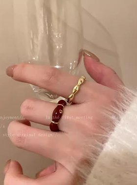红色滴釉竹节可调节戒指女新款食指戒小众设计网红指环叠戴指环