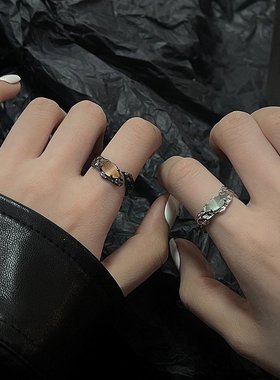 冷淡风绿色锆石纹理开口戒指女轻奢小众高级感指环个性时尚食指戒