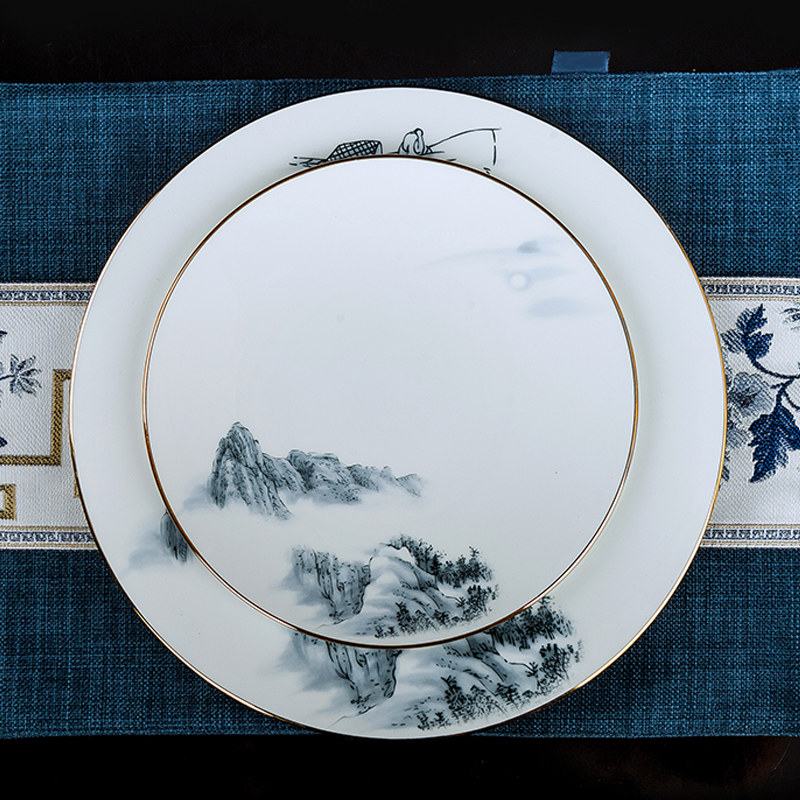 山水之间水墨中式创意盘子骨瓷陶瓷网红餐盘具家用平盘蒸鱼菜盘子,餐饮具,盘,淘宝优惠券,粉丝福利购,淘宝优惠卷