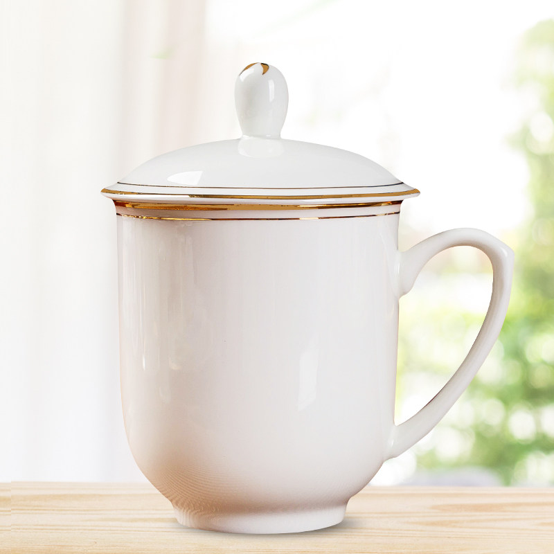 景德镇茶杯陶瓷办公杯带盖手绘金边骨瓷水杯商务会议杯子logo定制