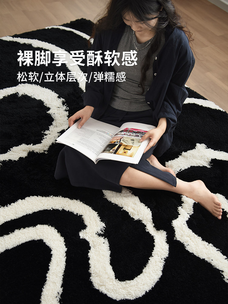 黑白意式轻奢客厅地毯卧室极简高级长毛衣帽间撸猫毯2025新款床边